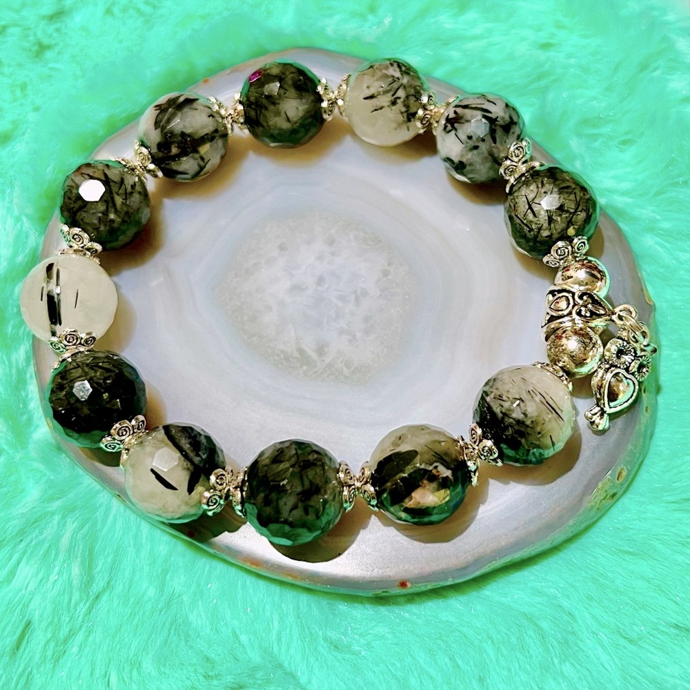 NATURAL BLACK TOURMALINE RUTILE CRYSTAL STRETCHABLE BRACELET